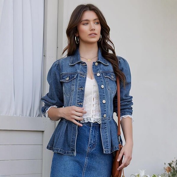 Cross-border Amazon Autumn New Women's European and American Fashion Slim Waist Ruffled Multi-pocket Workwear Denim Jacket
