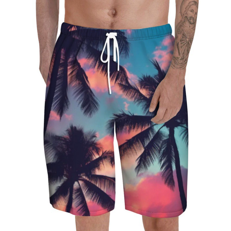 2025 трансграничные прямые продажи от производителя, брюки с пятью точками, мужские гавайские пляжные брюки с 3D-печатью, большие размеры, брюки с пятью точками для отдыха на море