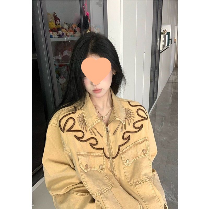 美式复古西部春秋季新款牛仔外套女拉链刺绣夹克宽松个性情侣上衣|undefined