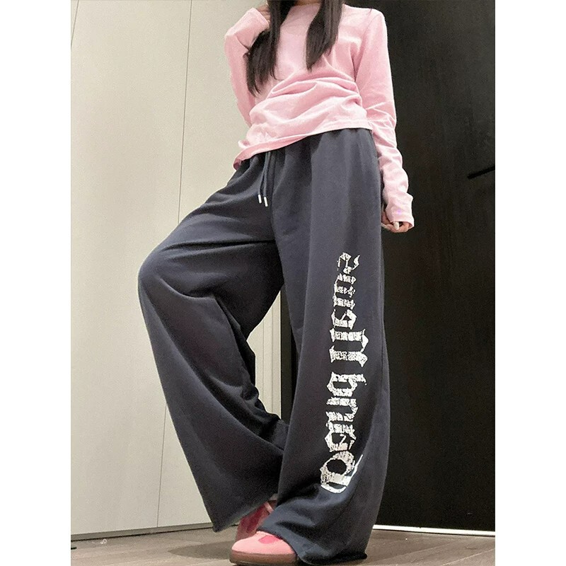 Autumn loose-fitting, high-waisted, wide-leg sweatpants for women, 2026 American-style distressed letter print in blue and gray, casual pants
