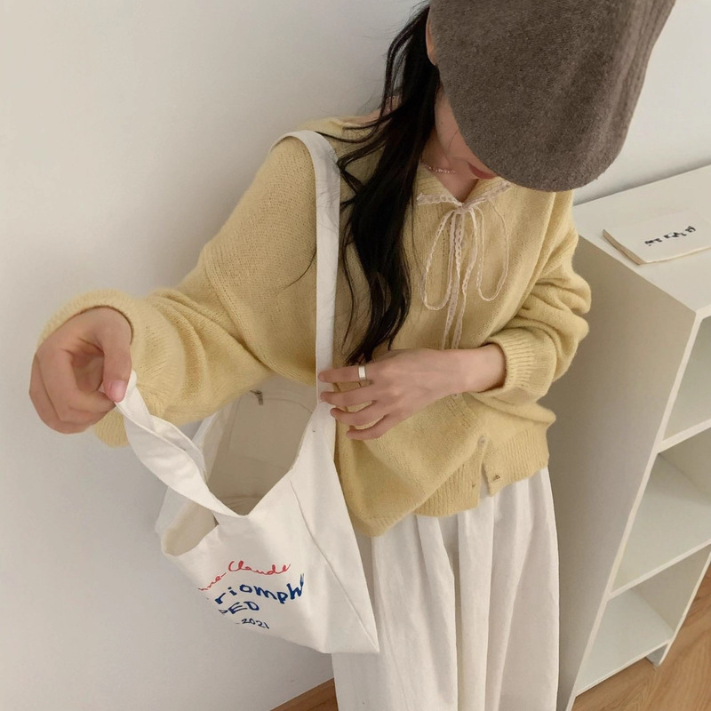 韩系甜美蝴蝶结蕾丝系带领毛衣开衫外套秋季法式软糯针织衫上衣女|undefined