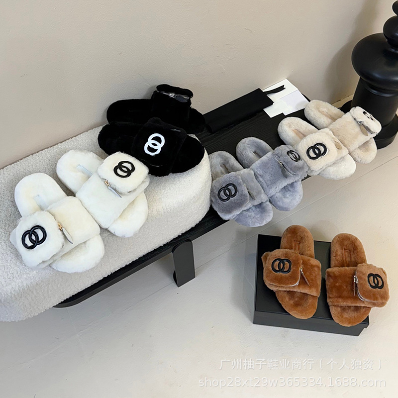 秋冬新款小香风口袋拉链一字拖毛毛鞋女外穿防滑厚底棉拖鞋潮