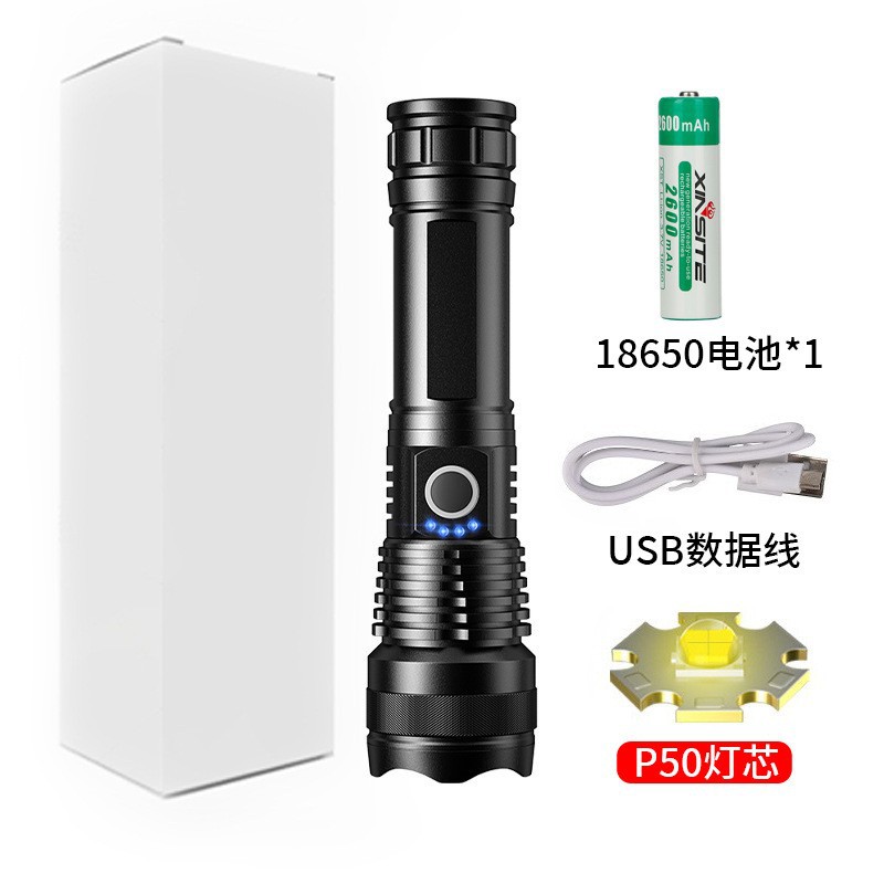 Nueva linterna transfronteriza al aire libre multifunción zoom linterna P50 resaltar iluminación impermeable linterna remota