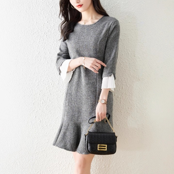Autumn harvest waist yarn-dyed Princess line seven sleeve women's dress 2022 spring OP#8980 Autumn harvest waist yarn-dyed Princess line seven sleeve women's dress 2022 spring OP#8980
