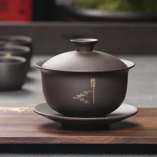 宜兴原矿紫砂盖碗大师纯手工雕金三才碗家用礼品茶碗杯养生泡茶器