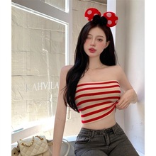 性感小背心女夏季无肩带抹胸复古辣妹防走光外穿打底上衣条纹裹胸