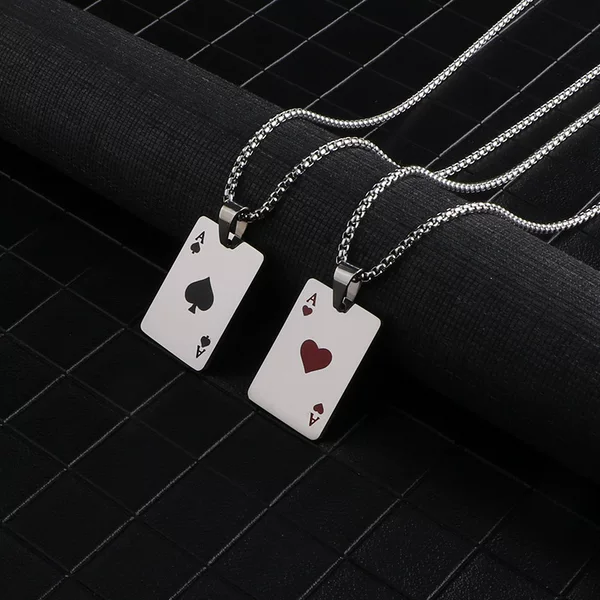 Titanium Steel Necklace Playing Cards Red Peach Spades A Love Pendant Trendy Men's and Women's Necklace Long sweater chain Couple's Accessories