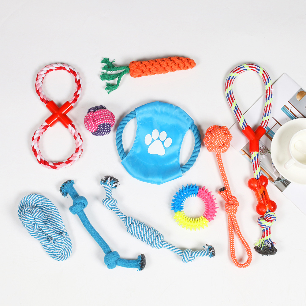 Amazon Venta caliente de juguetes para mascotas Combinación de cuerda de algodón Juego de cuerda para perros Juguetes para morder para perros Juguetes para moler para perros Spot resistente a morder