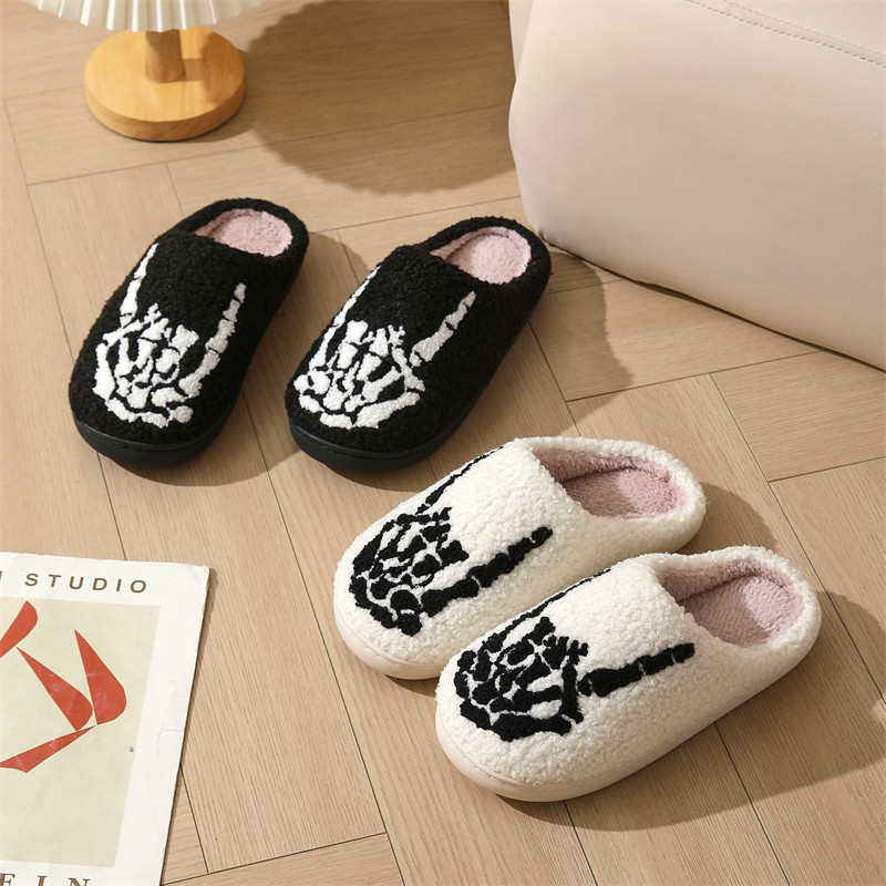 Skull Finger Pattern Skull Embroidery stuffed Home Platform Cozy Wool Cotton Slippers Rock Finger Warm Non-slip Indoor Slippers S044_voghion.com