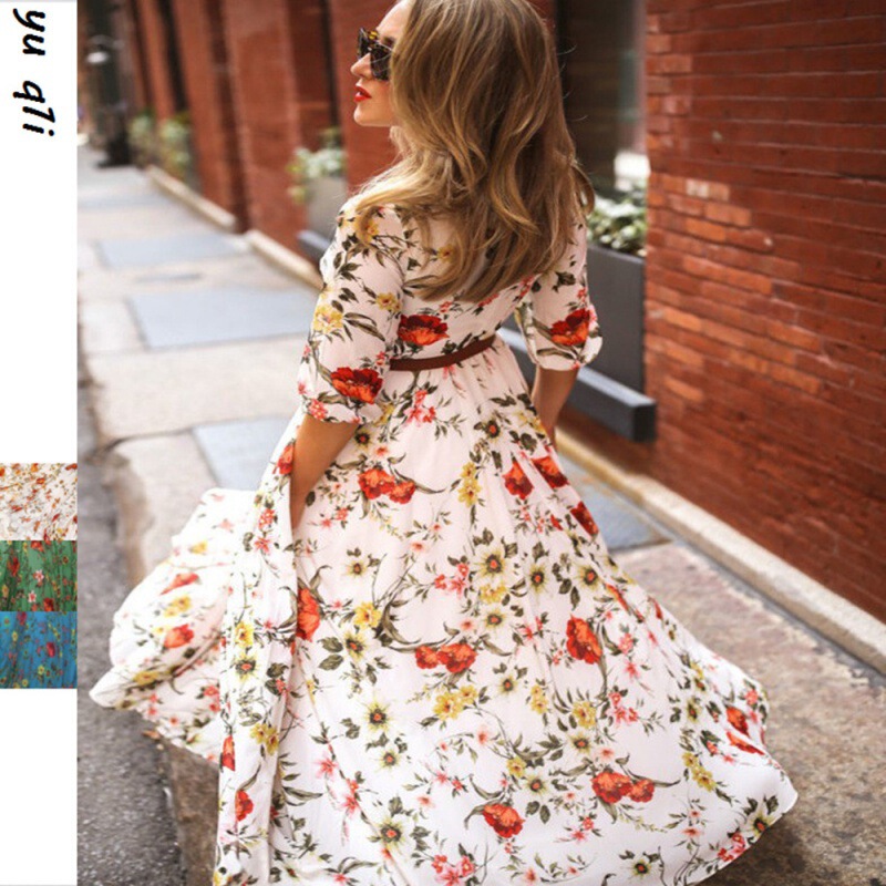 2023 Cross-border Spring and Summer New European and American Women's Printed Dress Amazon Chiffon Slim-fit Fashion Dress