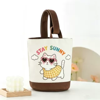 日系可爱咖啡猫猫定做手提水桶包复古帆布袋便捷购物袋定制帆布袋