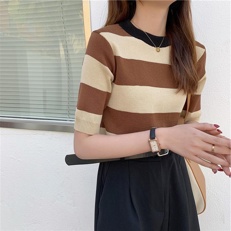 实拍~韩国chic小众圆领套头设计拼色条纹修身百搭短袖冰丝衫