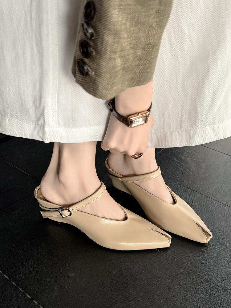 Sandal nữ hở mũi gót nêm cao da bò tăng chiều cao quai ngang — màu đen, màu trắng, màu mơ chi tiết 1