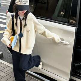 中大童撞色连帽针织衫外套女秋冬2026新款韩版慵懒风双拉链毛衣开