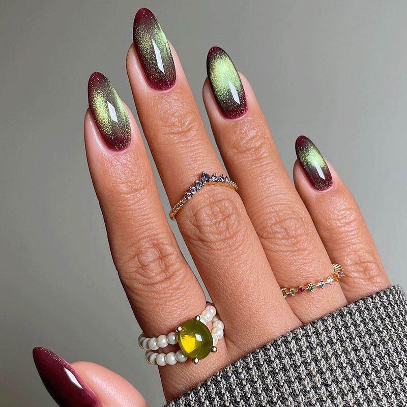 Foreign Trade Almond Wearable Nails Cat Eye Turquoise Lines Simple Smudged Nails Removable Manicure Nails Wholesale