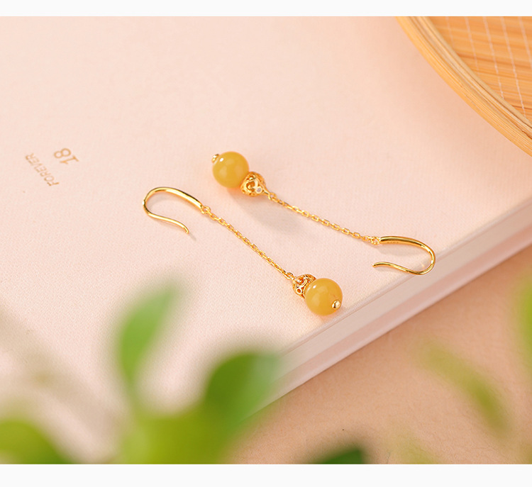 Bông tai móc bạc S925 mạ vàng đính ngọc bích và sáp ong hình hươu phong cách retro — Mẫu sáp ong chi tiết 7