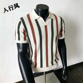 美式复古V领镂空针织polo衫男短袖夏季宽松高级感痞帅条纹半袖T恤
