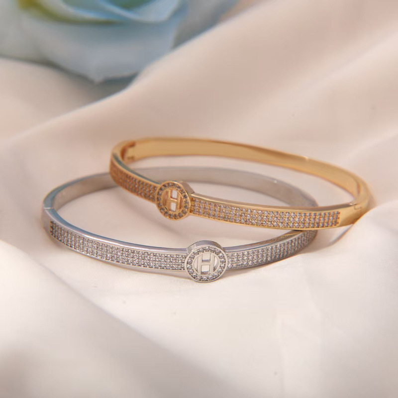 H-Shaped High-End Full Diamond Round Simple Bracelet High Version Fashionable Versatile Light Luxury Non-Fading Women's High-End Bracelet