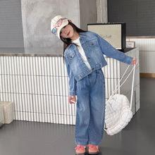 儿童春秋韩版新款牛仔两件套外贸女童跨境工厂中大童套装烫钻工艺