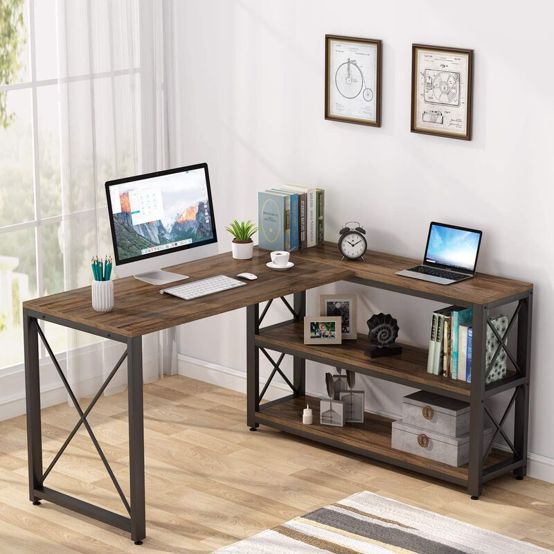 Cross-Border Exclusive L-Shaped Desk with Storage Rack, Corner Computer Desk Pc Laptop Study Desk