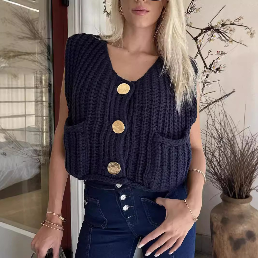 Női pulóver 2024 őszi és téli újdonság V-nyakú, zsebes, vastag tűszúrású ujjatlan kardigán kötött mellény női_voghion.com