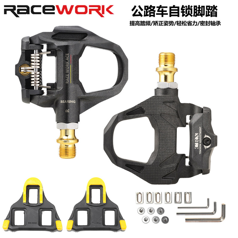 Racework Road Bike Clipless Pedals Road Bike Self-Locking Pedals with Bearing and Cleats Spd-Sl System Racework Road Bike Clipless Pedals Road Bike Self-Locking Pedals with Bearing and Cleats Spd-Sl System