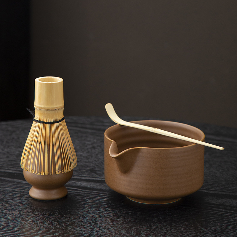 Juego de cuatro piezas de ceremonia del té de matcha, jaula de té de Baiben, tazón de té de pie, juego completo de combinación japonesa, té de punto, accesorios de jaula de té