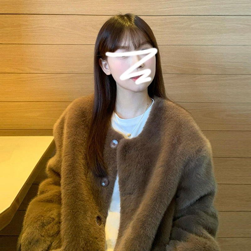 咖色仿水貂毛皮加厚短款毛毛外套女秋冬季2025新款宽松上衣|undefined