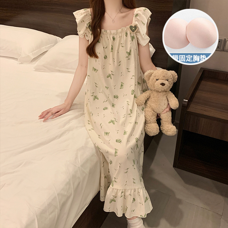 Pijama con cojín de pecho de verano de nube de algodón de mujer pequeña manga dulce dulce dulce dulce estudiante puede usar pijama delgado vestido largo