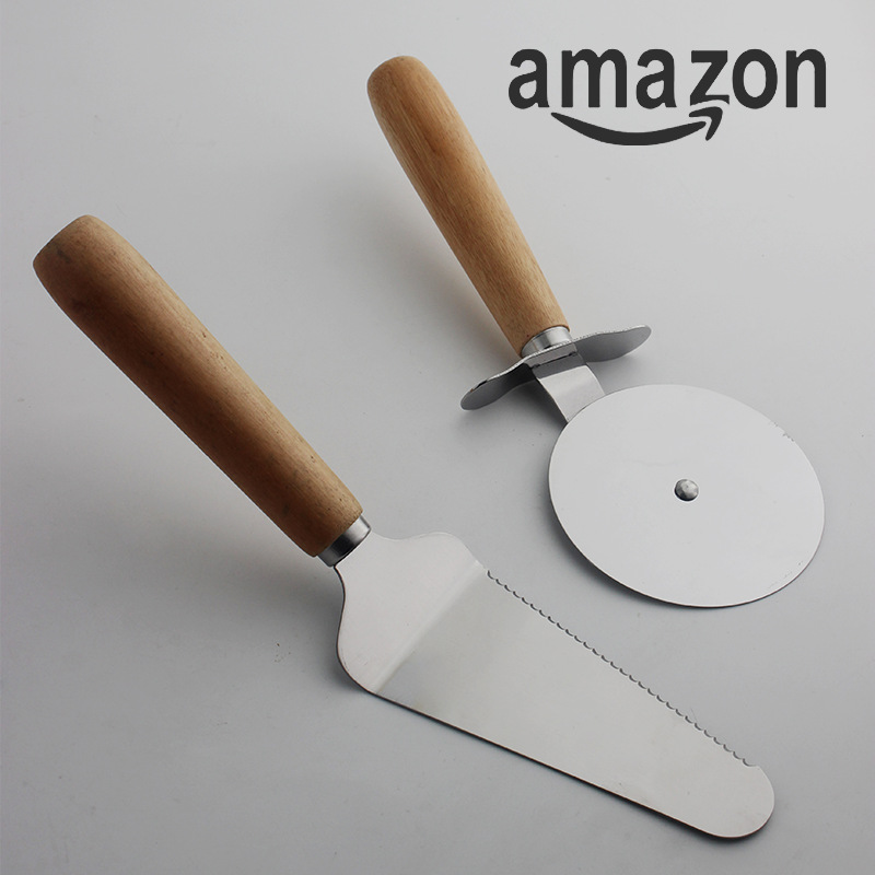 Pizza 2-piece set with wooden handle pizza spatula roller stainless steel pizza cutter Single wheel pastry cutter Baking tool