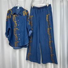 欧洲站外贸2026早春牛仔长袖衬衫女欧货宽松阔腿牛仔裤两件套装