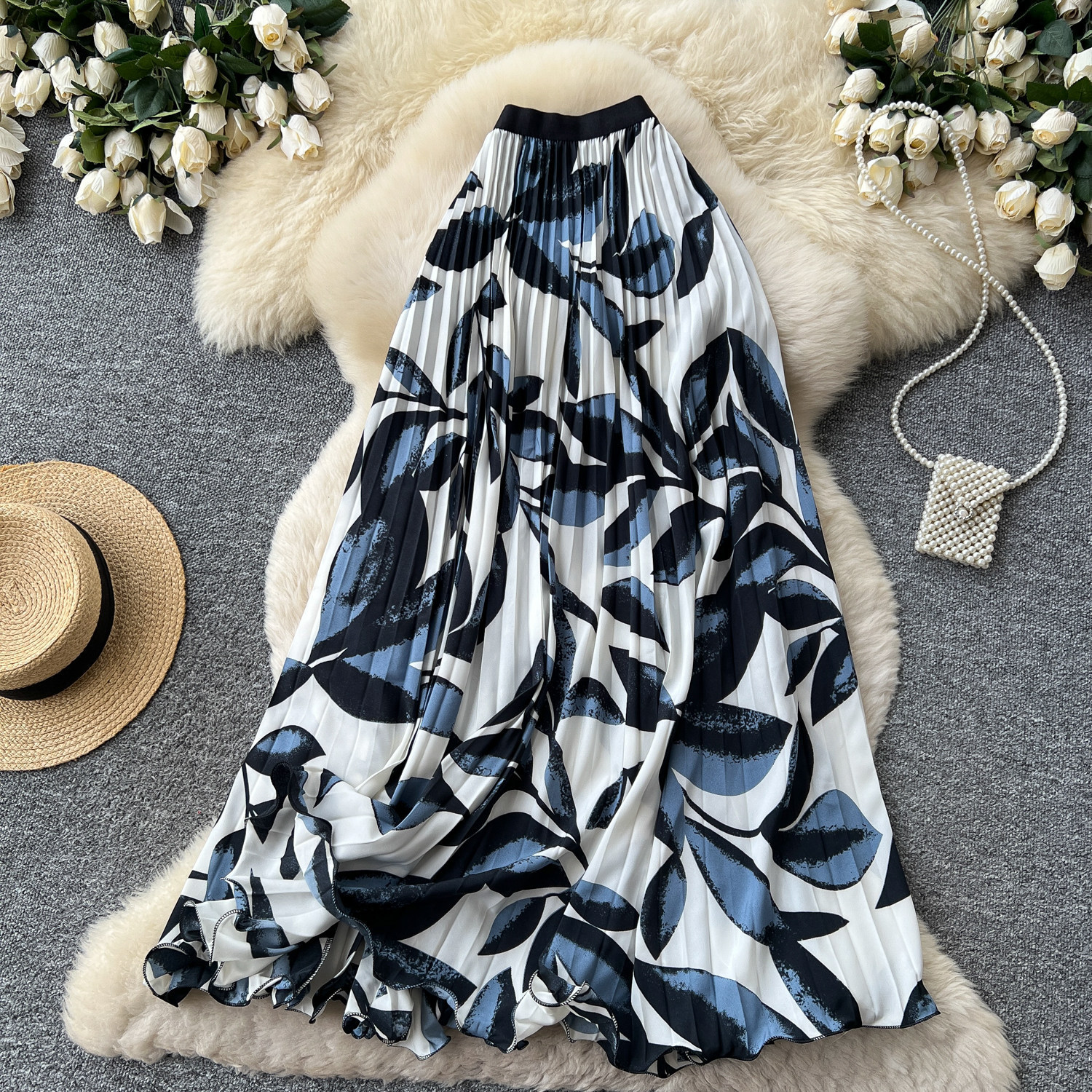 High Waisted Slimming Pleated Midi Skirt for Women French Style Printed A-Line Perfect for Summer Vacation And Work_ecoleips.com