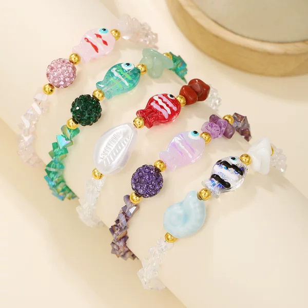 Cross-Border Popular Woven Bracelet Ocean Style Dopamine Fish Sweet Glass Pendant Bohemian Bracelet