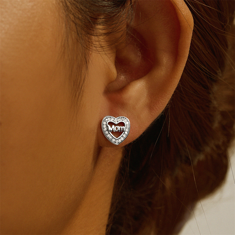 4g Weight Zircon Inlay Material Ear Studs Classification 1 Pair Quantity Daily, Festival Occasion 925 Sterling Silver Material Mother'S Day Festival Letter, Heart Shape Pattern Women's Gender Plating, Inlay Design Simple Style Style 1 Pair 925 Sterling Silver Zircon Letter Heart Shape Ear Studs 15