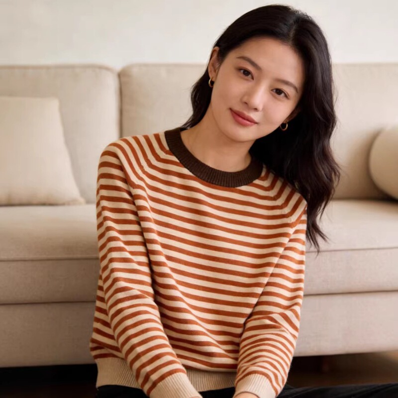 2025 Women's New Autumn/Winter Long Sleeve Pullover Loose Casual Sweater with Color-Block Stripes and Round Neck 2025 Women's New Autumn/Winter Long Sleeve Pullover Loose Casual Sweater with Color-Block Stripes and Round Neck