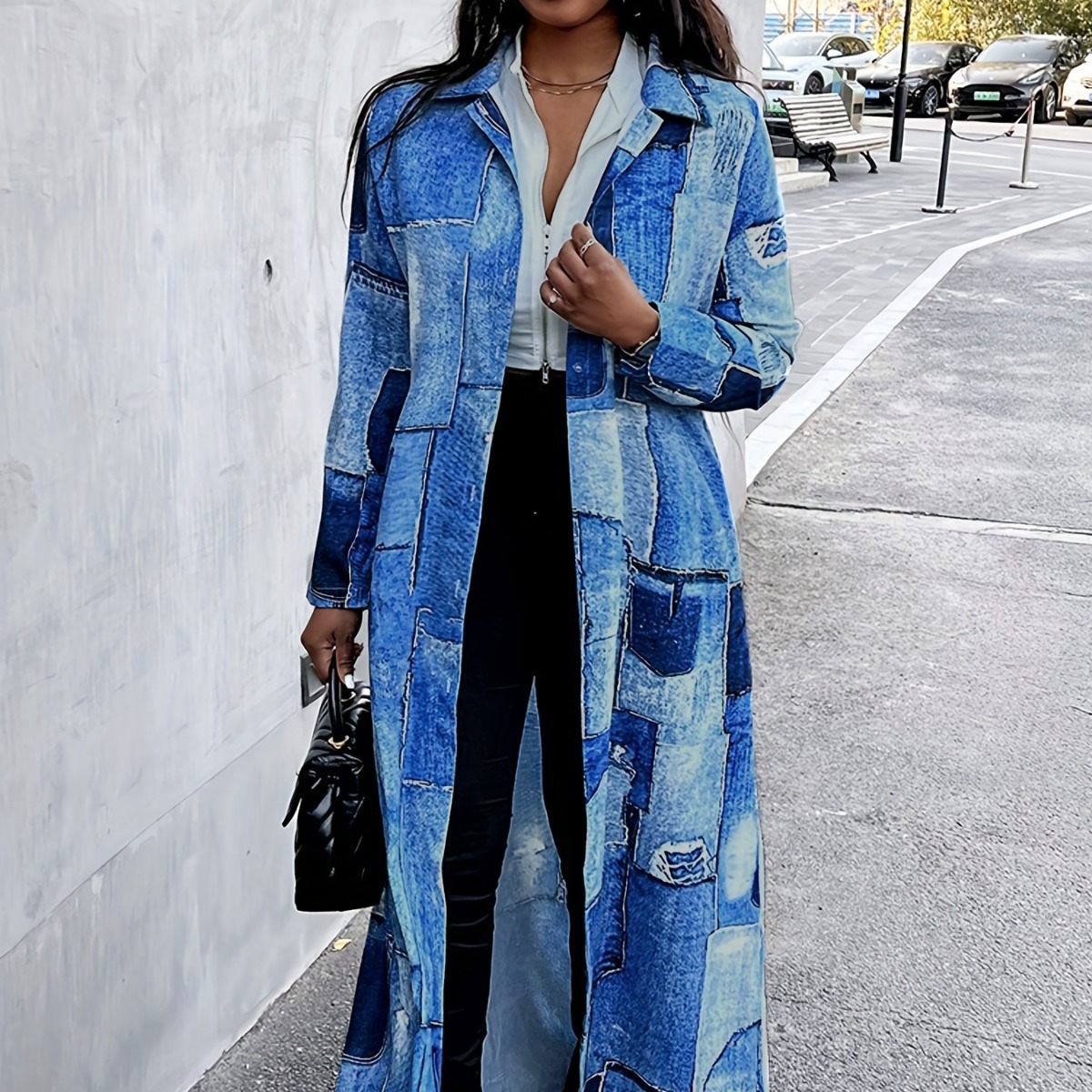 Damen-Trenchcoat in Übergröße mit farblich abgesetztem Denim-Print – Modisch, vielseitig, für Frühling und Herbst – Bestseller_voghion.com
