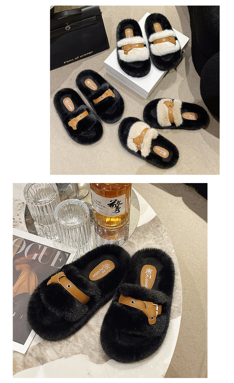 Pantofole in pelliccia nera panda di vendita calda per donna 2023 nuovo nodo con cintura autunno e inverno con calzini e mezze pantofole in velluto_voghion.com