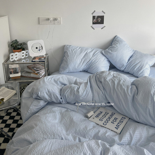 ins simple light blue waffle washed cotton bed four-piece dormitory bed sheet three-piece set summer Nantong bedding