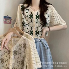 韩版镂空钩花短袖针织开衫女夏季设计感小众时尚宽松显瘦短款上衣