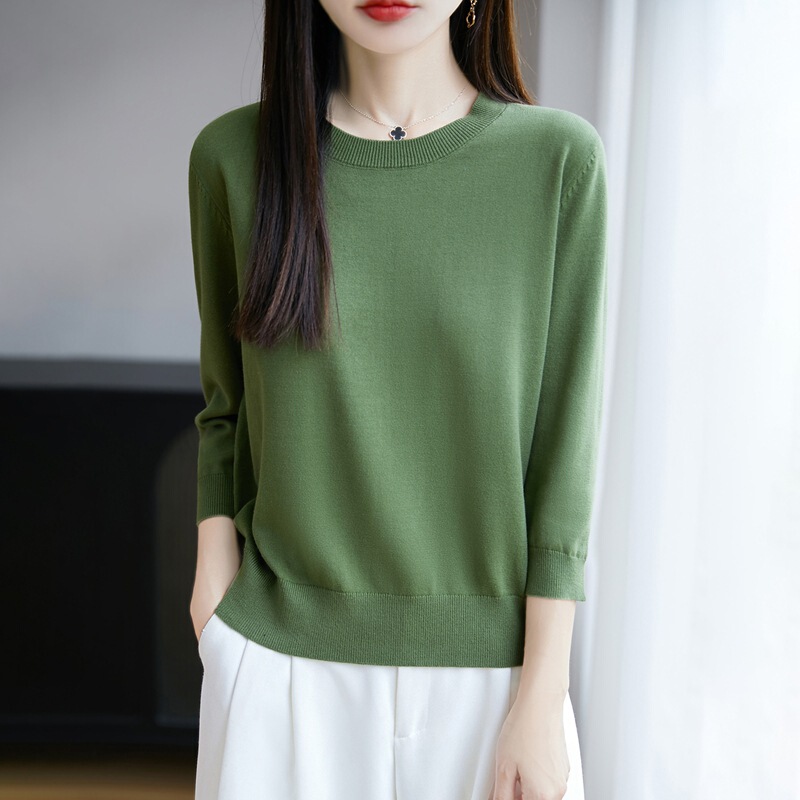 Cross-Border 2025 Autumn New Pure Cotton Polo Collar Knitwear Long-Sleeved T-Shirt Women's Round Neck Pullover Base Shirt