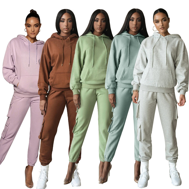 2021 cross-border European and American autumn and winter urban casual solid color hooded pocket trousers women's drawstring long-sleeved sweater suit