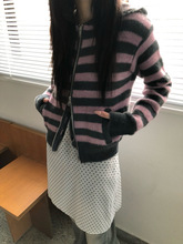 韩国东大门代购 Flash 学院风减龄女生条纹撞色连帽绒绒针织衫