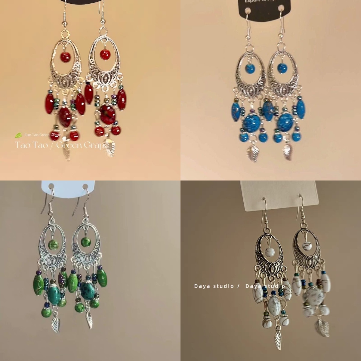 Retro ethnic long earrings, ear clips with tassels, boho style, ethnic style, no pierced ears