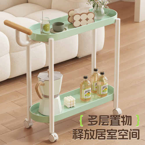 Living room accent small side table, floor-standing, movable with wheels, suitable for small apartments, iron and cream style, small push cart, storage and display rack