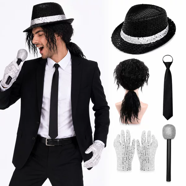 Halloween Cross-Border Michael Wig, Sequin Hat, Tie, Gloves Set, Michael Jackson Costume Accessories