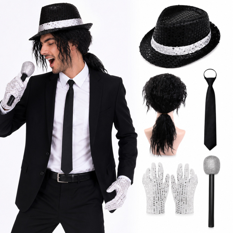 Halloween Cross-Border Michael Wig, Sequin Hat, Tie, Gloves Set, Michael Jackson Costume Accessories