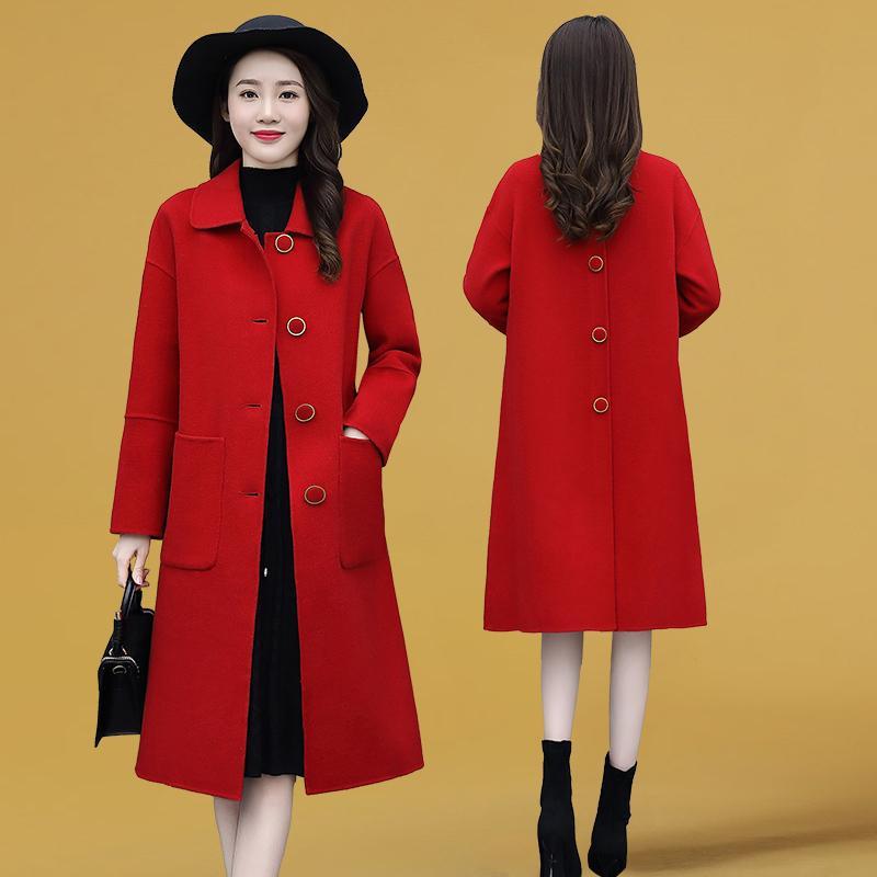毛呢外套女中长款冬装2025年新款女装冬季娃娃领气质红色呢子大衣