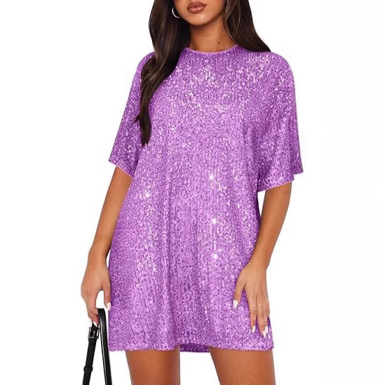 2025 European and American Round Neck Women's Sequined Dress Sexy Fine Glitter T-Shirt Shiny Short-Sleeved Loose Pie Dress
