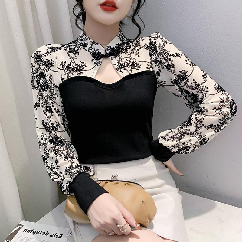 Real shot 2023 otoño nuevo impreso costura diseño retro chic stand collar manga larga Camiseta tocando fondo para mujeres image 5