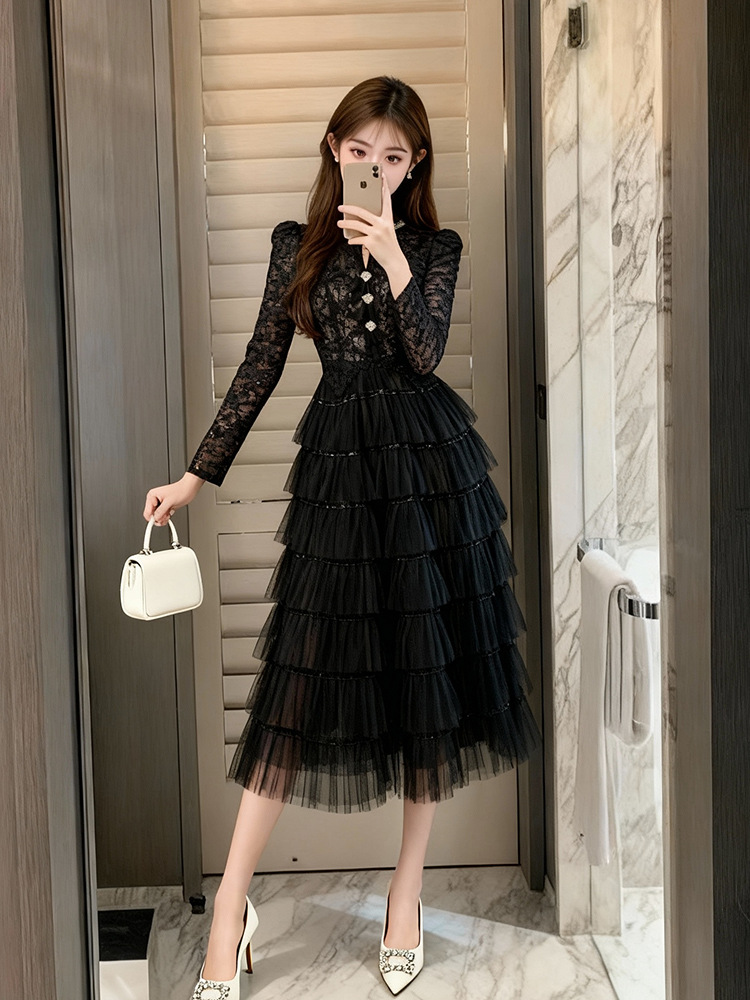 Đầm dự tiệc nữ tay dài ren đính hạt bánh thắt eo lưới — màu đen